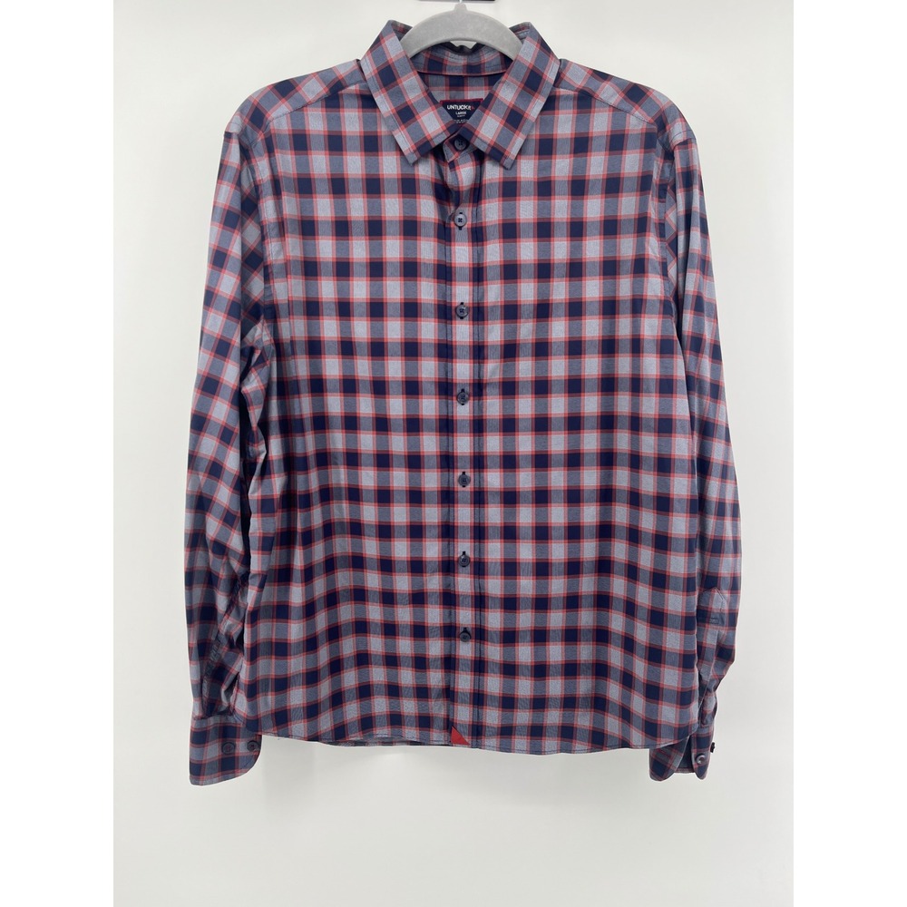 UNTUCKit Mens Large Slim Fit Plaid Performance Shirt Navy Red Nylon Stretch